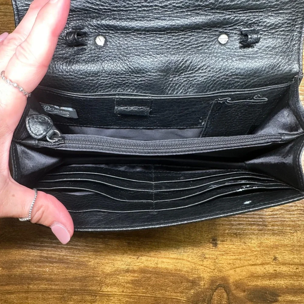 Brighton Gina Black Leather Croc Embossed Flap Handbag Braided Handle Silver
